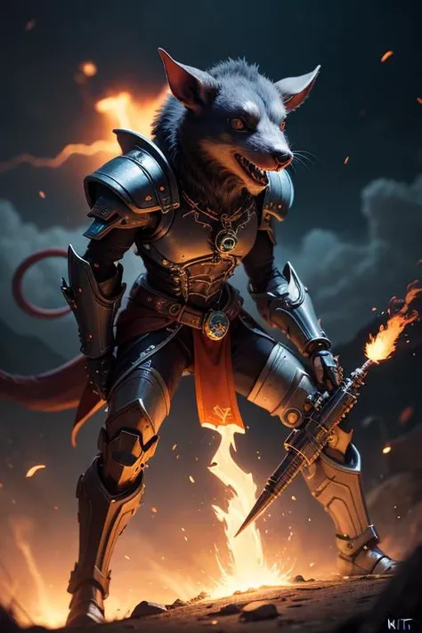 an awarded photography of Ikit Claw - A Skaven warlock engineer, adorned with mechanical augments and wielding a deadly warpfire thrower., at Heat Lightning: Distant lightning flashes without thunder, usually seen on hot summer nights. , masterpiece, ultra...