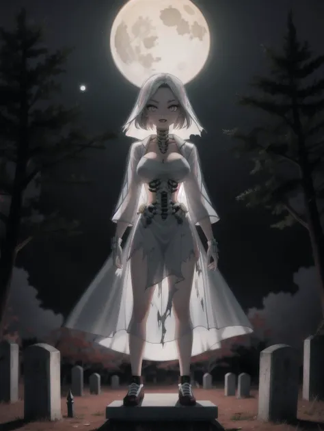 a woman in a white dress standing on a grave in front of a full moon