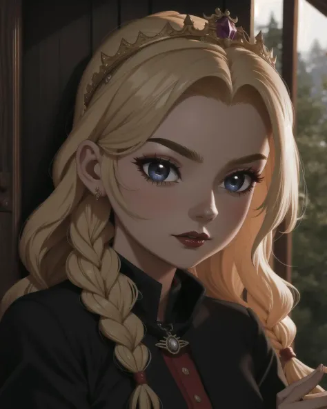 ((masterpiece), best quality, high quality, professional quality, highly detailed, highres, perfect lighting, natural lighting), horrendous, Practitioner of dark rituals and spells, Fair Skin, Blonde with a braided crown and loose waves, plum metallic lips...