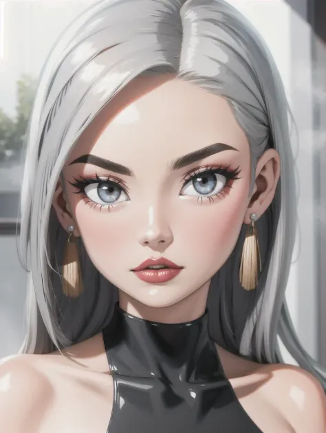 ((masterpiece), best quality, high quality, professional quality, highly detailed, highres, perfect lighting, natural lighting), Coating surfaces, monokini, Sensation, Short, in shape, Oval Face, Dark Skin, Silver Hair, grey Eyes, Straight Nose, Pouty Lips...