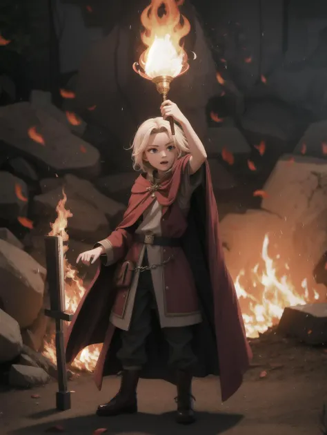 ((masterpiece), best quality, high quality, professional quality, highly detailed, highres, perfect lighting, natural lighting), young wizard, wearing ragged clothing, casting a fire spell, on battlefield