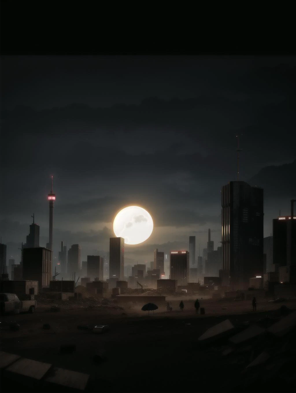 a view of a city at night with a full moon in the sky