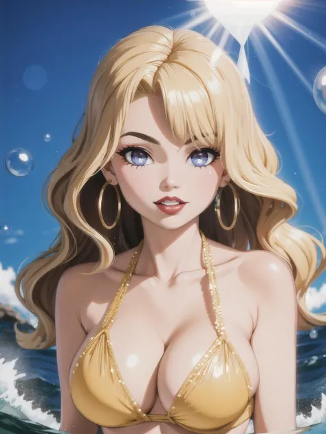 ((masterpiece), best quality, high quality, professional quality, highly detailed, highres, perfect lighting, natural lighting), Generating foam or bubbles, halter bikini, Miss, Average Height, Fit, Heart-Shaped Face, Dark Skin, Golden Blonde Hair, gold Ey...