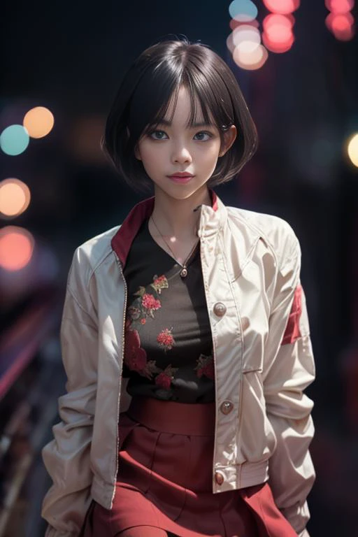 (masterpiece, realistic:1.4), (extremely intricate:1.2)>, portrait of (jesslynjkt48), (black short hair), looking at viewer, (1girl eyes looking at viewer:1.6), photorealistic, (bokeh), ((white jacket, red skirt, cyber_style_girl)), balcony, night view, at...