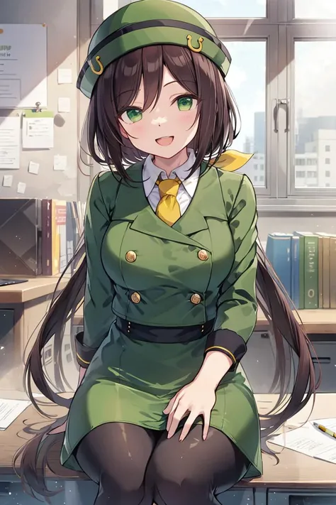 (absurdres:1.30), highres, ultra detailed, <lora:hayakawa_taduna_v2:0.60> brown hair, long hair, split ponytail, green eyes, bowler hat, green headwear, green jacket, white shirt, double-breasted, collared shirt, pencil skirt, green skirt, yellow necktie, ...