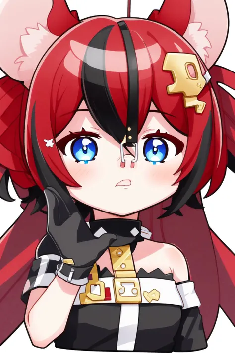 a close up of a cartoon character with red hair and horns