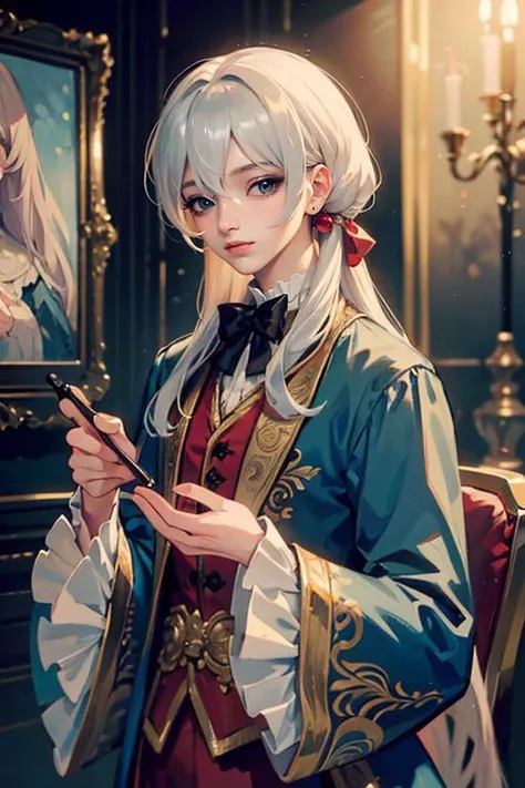 1man, photography, man wear frenchcourtsuit  in palace, silver wig, pastel, blue satin, golden, paintings, ornate, details, ornament, dim light, dawn, bokeh background, <lora:ARWCourtSuit:1> <lora:ARWBedroomGothic:0.6>