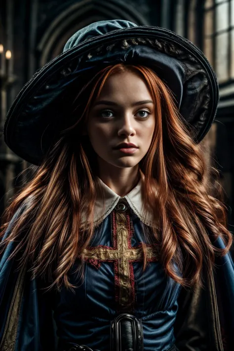 redhead girl, closeup photo, intricate detailed face, upper body of musketeerdress, blue dress, details, hat, cross symbol, boots, full body, PERFECTEYES EYES, 111cine8matic55, bedroomgothic, gothic, <lora:ARWAMusketeerDress:1.1>, <lora:add_detail:1>, <lor...