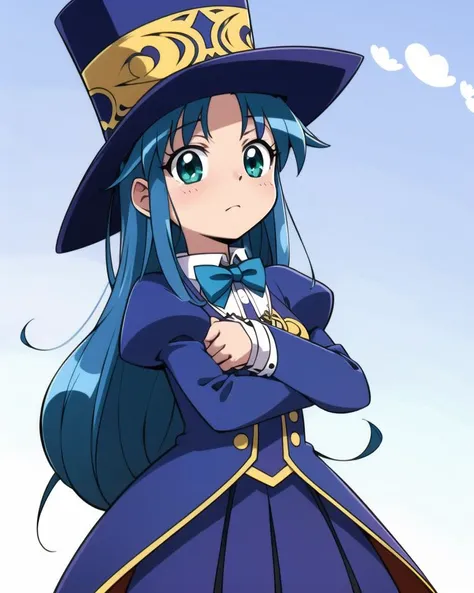 1girl, solo, anime coloring, 
 <lora:rein:0.5>, (rein, hat, top hat, green eyes, blue hair, long hair), bowtie, blue dress, pleated skirt, gold mall,