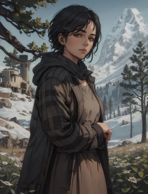 AbigailRDR, 1girl, solo, short dark brown bubble skirt, flower, winter coat , outdoors, dark brownflower, plaid, long sleeves, looking at viewer, standing, black hair, unmoving pattern, short hair, realistic, nature, tree, brown hair <lora:epi_noiseoffset2...