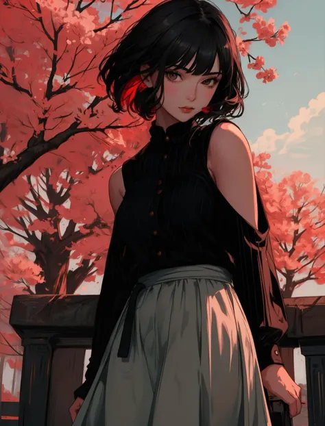 a woman standing in front of a tree with red flowers