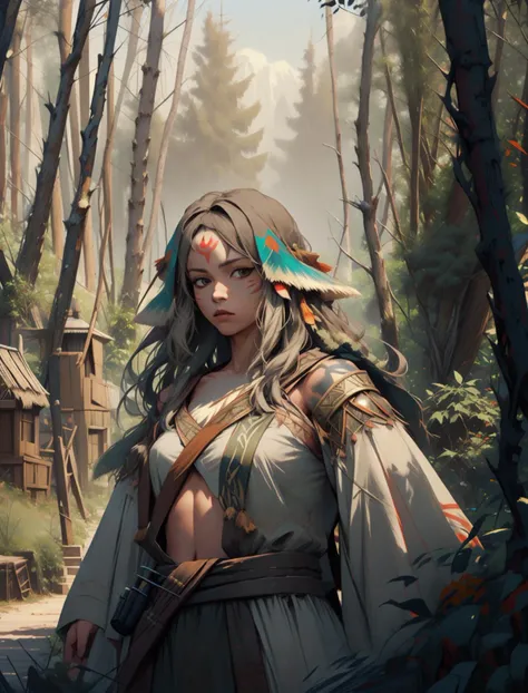 solo, (full body:0.6), looking at viewer, detailed background, detailed face, (fairytaleai, fairytale theme:1.1) aggressive jungle fighter, green tribal clothing, warpaint, tribal markings, leaves, tropical climate, fighting stance, bushes, poisonous plant...