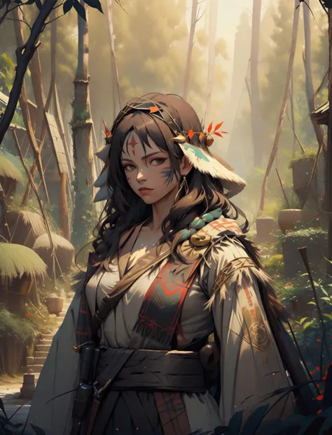 solo, (full body:0.6), looking at viewer, detailed background, detailed face, (fairytaleai, fairytale theme:1.1) aggressive jungle fighter, green tribal clothing, warpaint, tribal markings, leaves, tropical climate, fighting stance, bushes, poisonous plant...