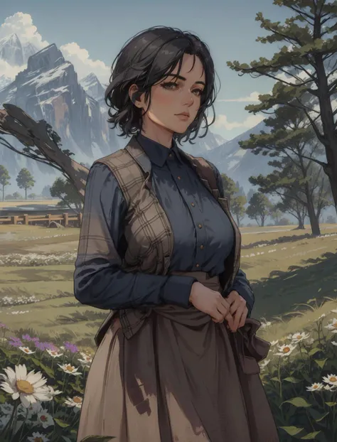 AbigailRDR, 1girl, solo, skirt, flower, long skirt, blue shirt, shirt, outdoors, purple flower, plaid, long sleeves, looking at viewer, standing, black hair, unmoving pattern, short hair, realistic, nature, tree, plaid skirt, brown hair <lora:epi_noiseoffs...