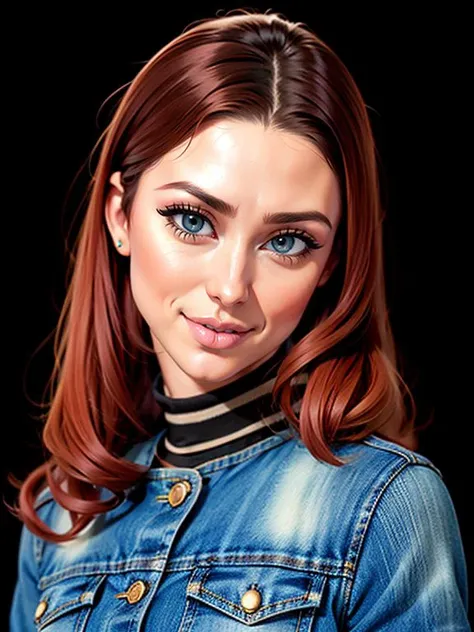 ((SFW)), Tight Headshot Portrait, Karlie Montana, Striped Turtleneck, Denim Jacket,
(Katsuhiro Otomo Style Anime art),  
 <lora:Karlie_Montana:0.8>