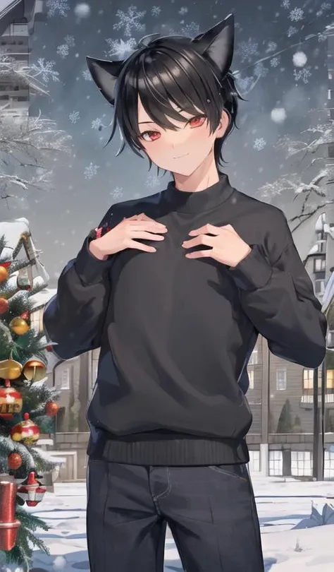 anime boy in black cat ears and black shirt standing in front of a christmas tree