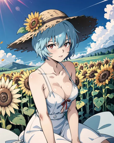 <lora:AyanamiReiV6:0.75>, 1girl, ayanamirei, bare_arms, bare_shoulders, blue_hair, blue_sky, breasts, brown_headwear, cleavage, cloud, cloudy_sky, collarbone, condensation_trail, dandelion, day, dress, field, fireworks, flower, flower_field, hair_between_e...