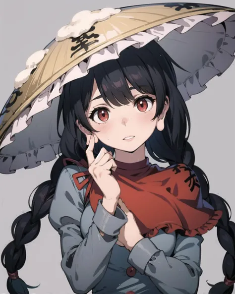 masterpiece, best quality, <lora:NarumiYatadera:1>,1girl,hat,ajirogasa,long hair,black hair,red eyes,twin braids,long earlobes, red capelet,grey dress,long sleeves, buttons, clothes writing,grey background,