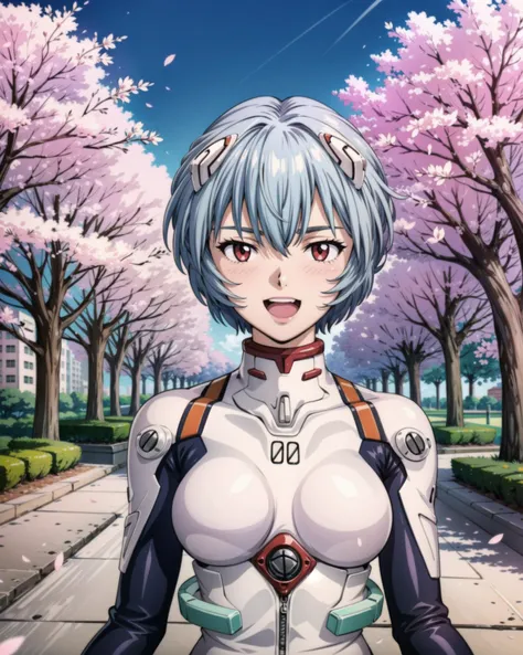 1girl, ayanamirei, plugsuit, interface headset, looking at viewer, shy, open mouth, light smile, city park, cherry blossoms, upper body, <lora:AyanamiReiV6:1>, masterpiece, best quality, <lora:add_detail:1>, <lyco:GoodHands-beta2:1.0>