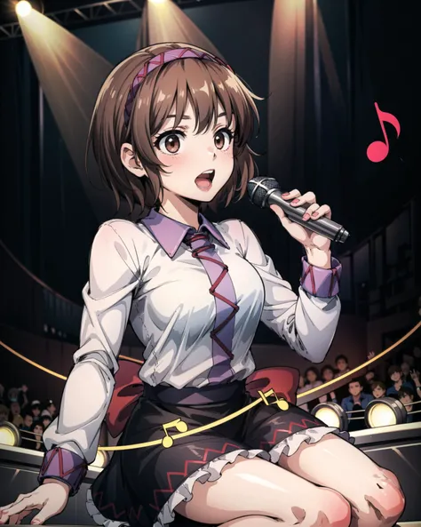 <lora:TsukumoYatsuhashi:1>, tsukumo yatsuhashi, 1girl,brown hair, short hair,brown eyes,hairband,long sleeves, shirt,skirt, singing, microphone, concert, musical note, eighth note, masterpiece, best quality