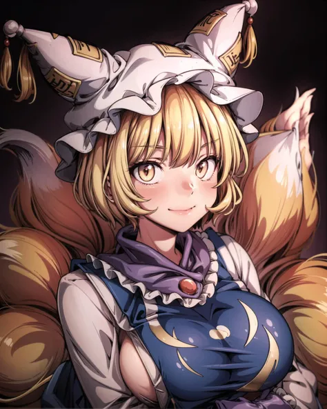 <lora:ran:1>,1girl, (animal_ears, fox_ears:1.1), arms_under_breasts, bangs, blonde_hair, breasts, brown_background, dress, fox_tail, (fox_girl, kitsune:1.1), frills, grey_background, hands_in_opposite_sleeves, hat, long_sleeves, looking_at_viewer, mob_cap,...