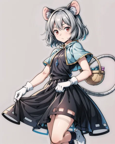 <lora:nazrin:1>,1girl, nazrin, basket, mouse, solo, animal ears, tail, mouse tail, mouse ears, grey hair, gloves, short hair, jewelry, pendant, red eyes, white gloves, alternate costume, capelet, dress, adapted costume, socks, (grey background, simple back...