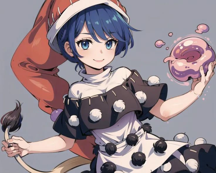 masterpiece, best quality, <lora:DoremySweet:1>,doremy sweet, 1girl,nightcap,blue hair,short hair,blue eyes,short sleeves, dress,pom pom (clothes), tapir tail, dream soul,grey background, smile,cowboy shot,