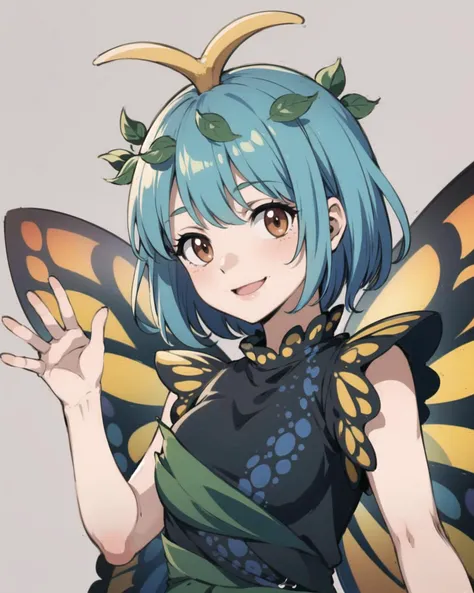 masterpiece, best quality, <lora:EternityLarva:1>,1girl, antennae, leaf on head,short hair, aqua hair, brown eyes, butterfly wings, short sleeves, multicolored clothes,multicolored dress,fairy,grey background, smile