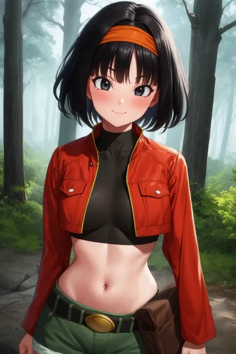 pan,1girl,solo,short hair,bangs,black hair,orange headband,black eyes,
belt,crop top,red jacket,crop jacked,green shorts,turtleneck
smile,closed mouth,cowboy shot,
forest,outdoor,
(insanely detailed, beautiful detailed face, masterpiece, best quality) cine...