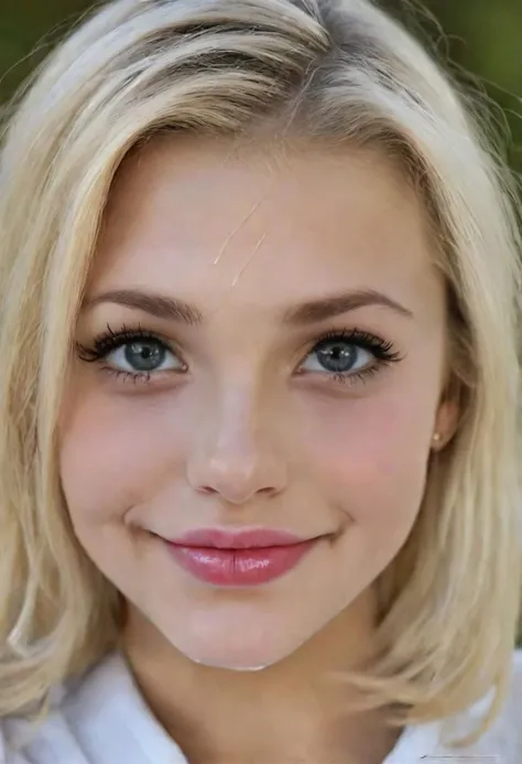 a close up of a woman with blonde hair and blue eyes