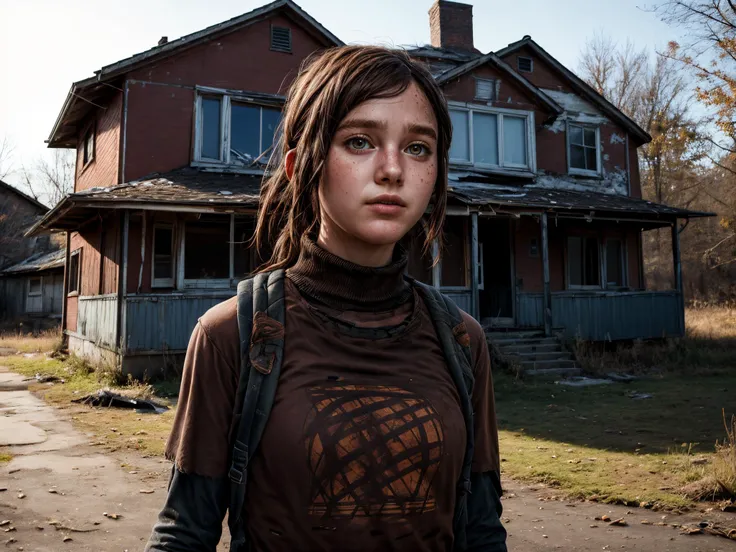 intricate full color photo of Ellie, 13 year old girl, wearing a brown turtleneck or t-shirt, posing near abandoned old house, epic character composition, alessio albi, nina masic, sharp focus, natural lighting, subsurface dispersion, masterpiece, hyperrea...