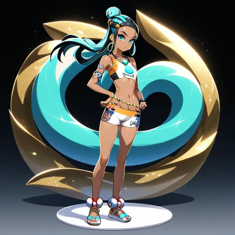 (masterpiece, best quality, ultra_detailed, highres, absurdres:1.2), ("FLOWLESS VICTORY" text logo:1.5), teal, white, black, (colorful, anime), japanese, <lora:nessa-xl-000023:1> nessa (pokemon), bikini, hair bun, hair ornament, necklace, belly chain, shoe...