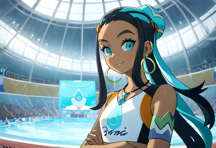 (masterpiece, best quality, ultra_detailed, highres, absurdres:1.2), <lora:nessa-xl-000023:1> nessa (pokemon), 1girl, solo, standing, slight smile, hair bun, hair ornament, necklace, hoop earrings, indoor, pokemon aqua arena, wide angle view