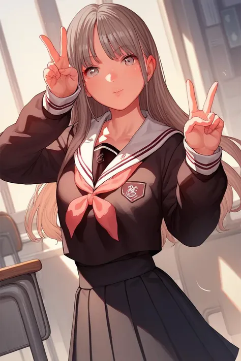 anime girl in a school uniform making a peace sign