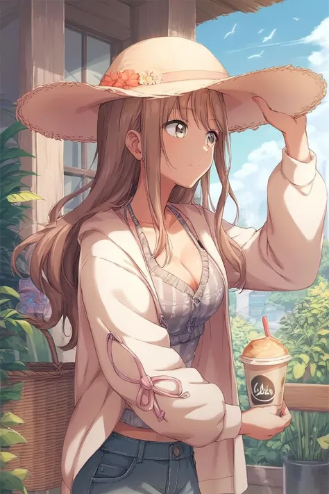 a woman in a hat and top holding a cup of coffee