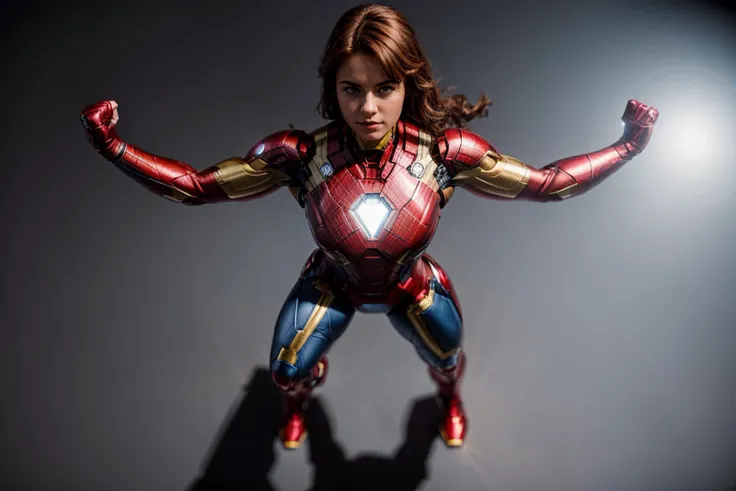 marvel movies,full body,from above,photo of a 18 year old girl,ironman,super strength pose: flexing muscles with a determined lo...