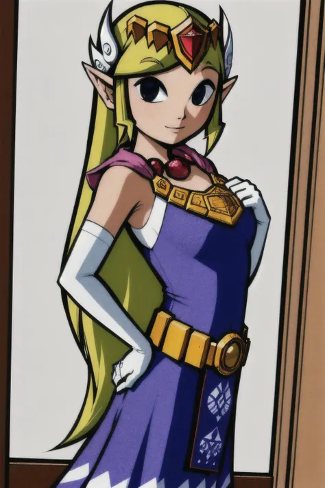 (view from right side), in the Bathroom, (Realistic:1.5) solo EdobLOZSpiritTracksZelda, Standing with one arm extended out to the side and other hand on hip, big breasts <lora:EdobLOZSpiritTracksZelda_v1.2:0.8>