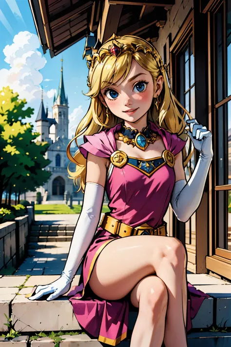 girl, blonde hair, large eyes, crown, wearing a pink dress, elbow gloves, looking at viewer, serious, happy, blush,
outside, castle courtyard, sitting on marble stairs, legs crossed, hdr, extreme detail, beautiful quality, masterpiece, fantasy quality, <lo...