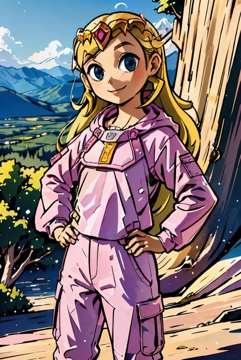 masterpiece, high quality, girl, blonde hair, large eyes, wearing a pink ananorak,pink cargo pants,  mountains, trees, dirt trail, sunny, hands on hips, smiling,  <lora:EdobLOZSpiritTracksZelda_v1.2:.8>,  <lora:Anorak-0.99_Lora:.7>