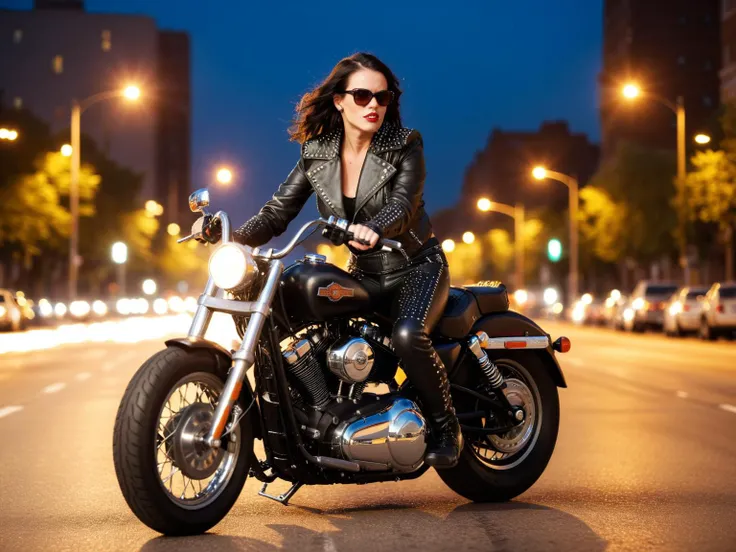 rk-studs, a female biker wearing studded leather outfit riding a vintage a harley davidson on a night city road.