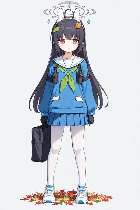 breathtaking, miyu (blue archive), 1girl, solo, knee pads, halo, black gloves, binoculars, leaf on head, green neckerchief, white pantyhose, white footwear, full body, blue skirt, white background, holding, blue serafuku, long sleeves, white sailor collar,...