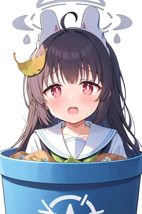 breathtaking,miyu (blue archive), 1girl, solo, leaf on head, halo, simple background, looking at viewer, ahoge, serafuku, blush, open mouth, white background, in container, sweat, trash can, white sailor collar
<lora:KasumizawaMiyu_v2:1>   . gorgeous,key v...