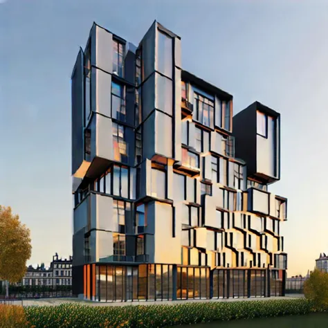 midjourneyi contemporary apartment building designed by a (famous architect), (beautiful architecture), rectangular grid, (ultrawideangle shot), competition winner, retail base, small square windows, shiny metal scales facade, (golden hour), sunset, ultra ...