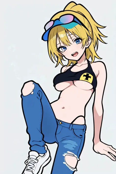 (masterpiece:1.2),(best quality:1.2),Chara Anime Idolmaster Meguru Hachimiya,hachimiya meguru,idolmaster shiny colors,solo,visor_cap,blonde_hair,large_breasts,idolmaster_shiny_colors,1girl,underboob,heart,socks,denim,sneakers,bikini,shoes,swimsuit,sunglass...