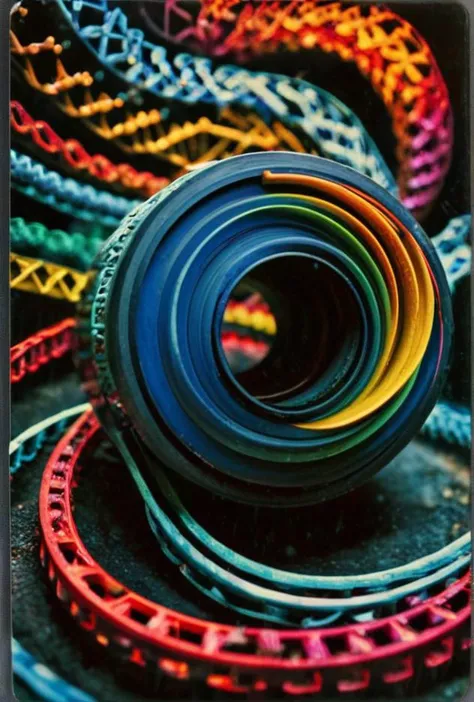 analog film photo ((color photo of entanglement, fundamental property of quantum mechanics one particle is dependent on the state of another, even separated by distances))(visually captivating patterns representing entangled states of quantum bits, vibrant...