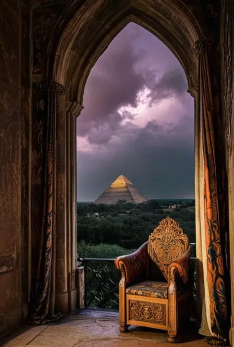 a view of a chair in a doorway with a view of a pyramid