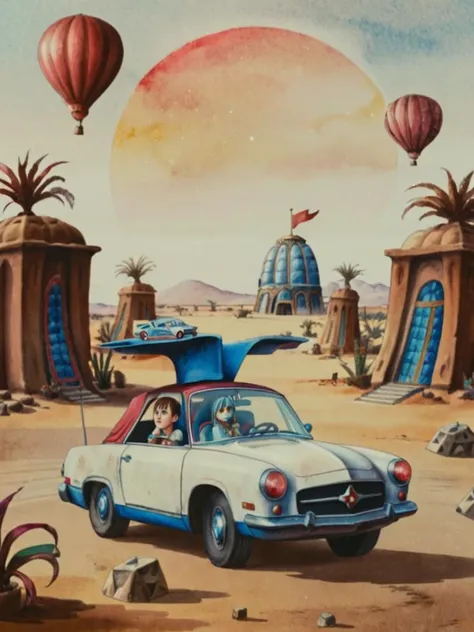 2d retro illustration, watercolor, pencil crayon, throne and Nomads Desert Oasis with flying cars and Lunar Maria  <lora:Fantastic_Planet_XL-000009:1.0> , simple face detail