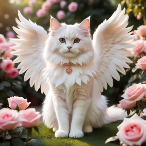 araffe cat with wings sitting in a garden of roses