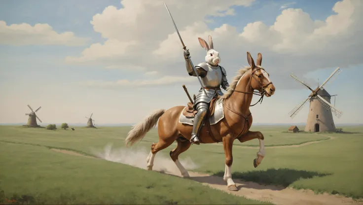 A rabbit knight traveling on horseback with a lance, oil painting, plains, windmill