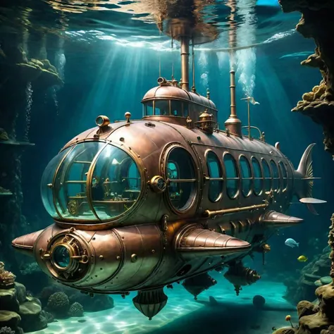 underwater submarine in the ocean with a diver and fish